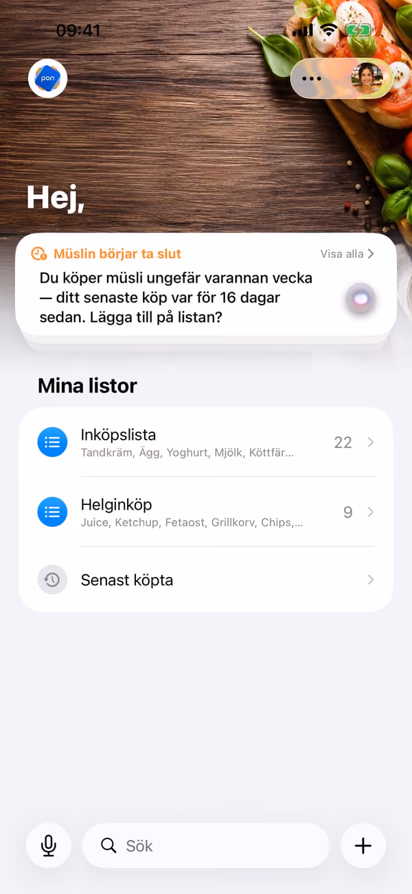 pon: startskärm med listor och en förrådspåminnelse