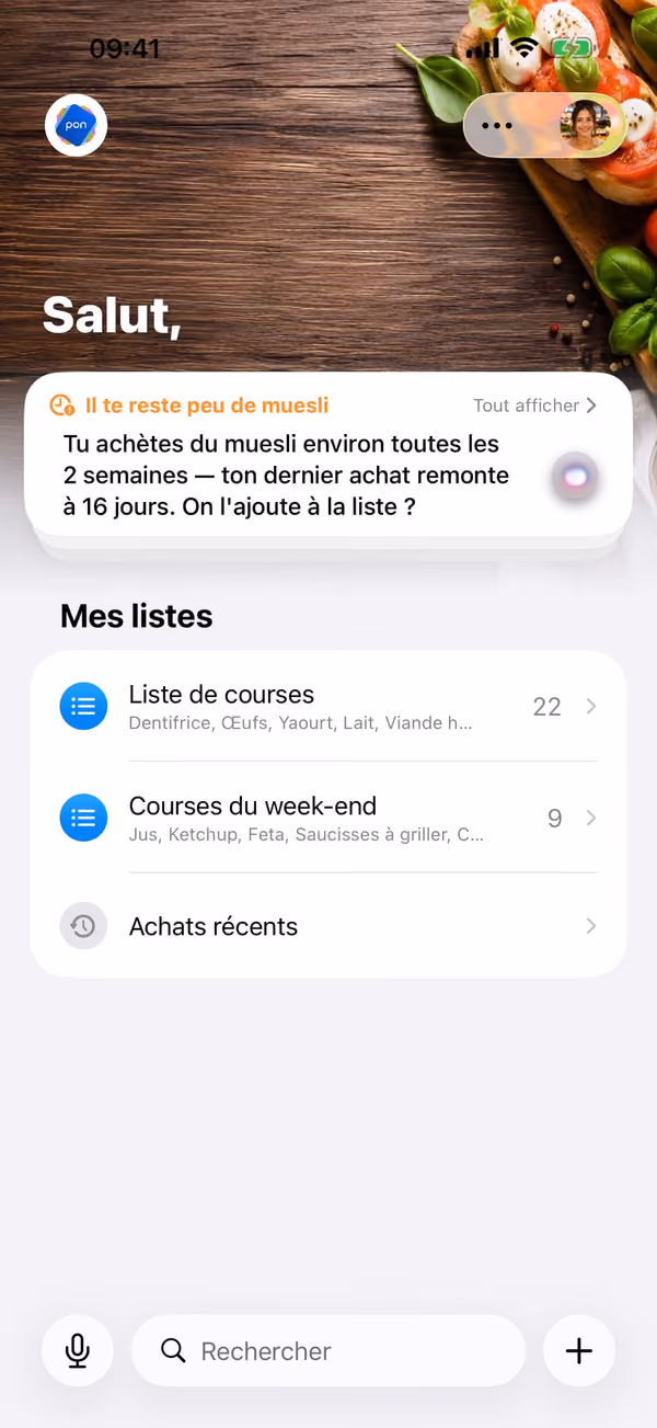 pon : écran d'accueil avec des listes et un rappel de réserves