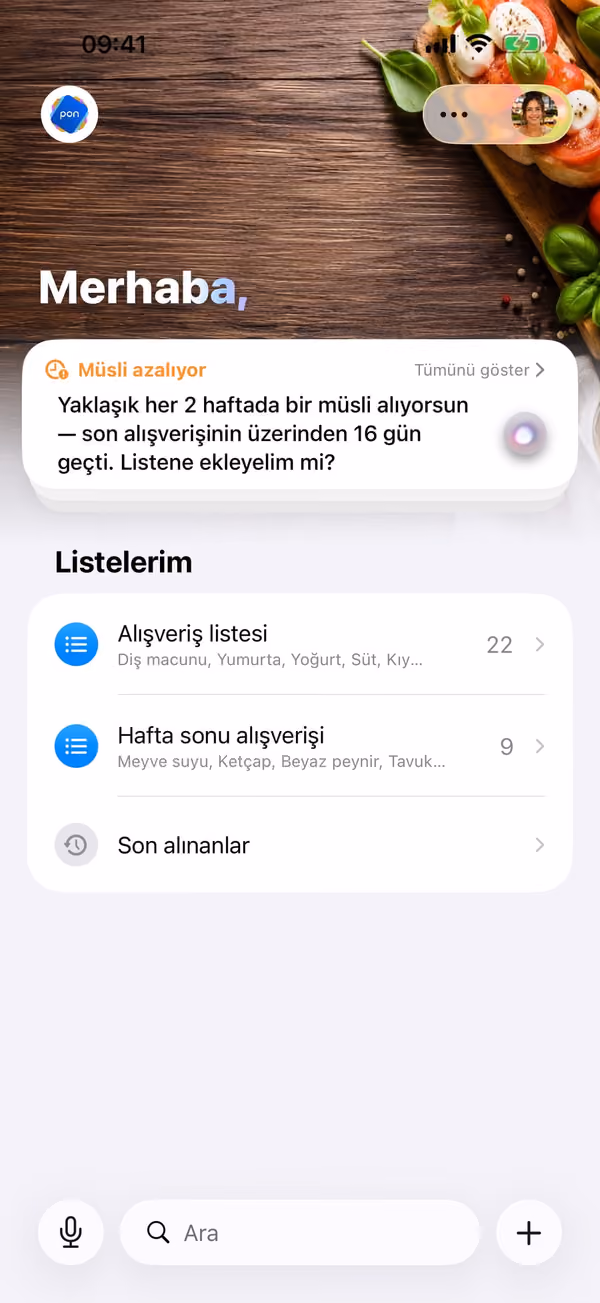 pon: listeler ve bir kiler hatırlatması olan başlangıç ekranı