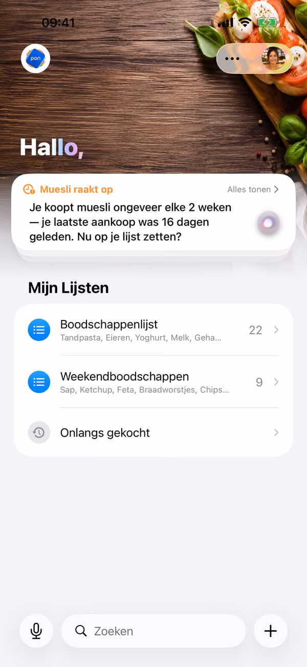 pon: startscherm met lijsten en een voorraadherinnering