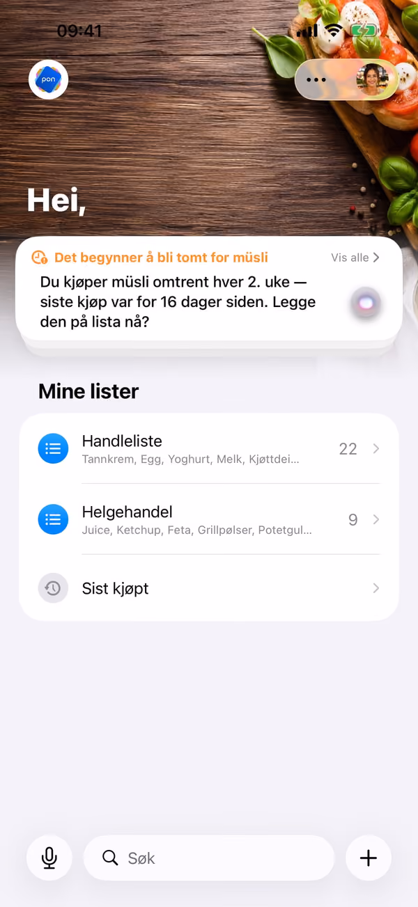 pon: startskjerm med lister og en forrådspåminnelse