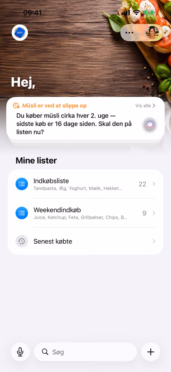 pon: startskærm med lister og en forrådspåmindelse