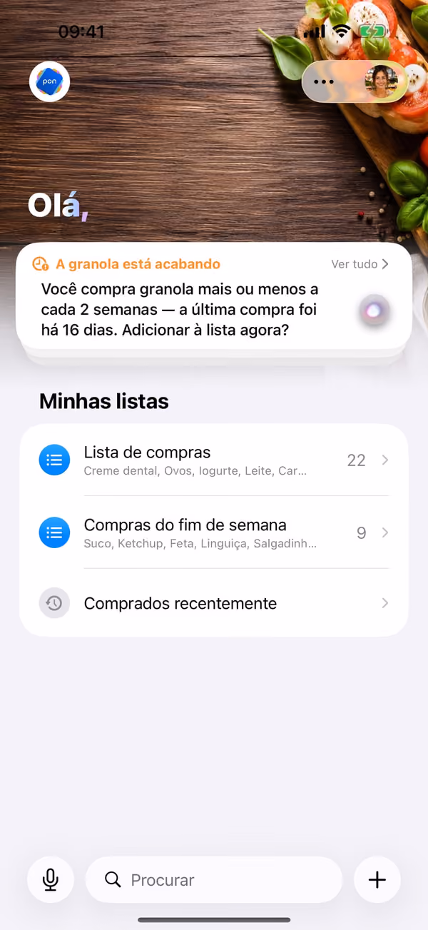 pon: tela inicial com listas e um lembrete de despensa
