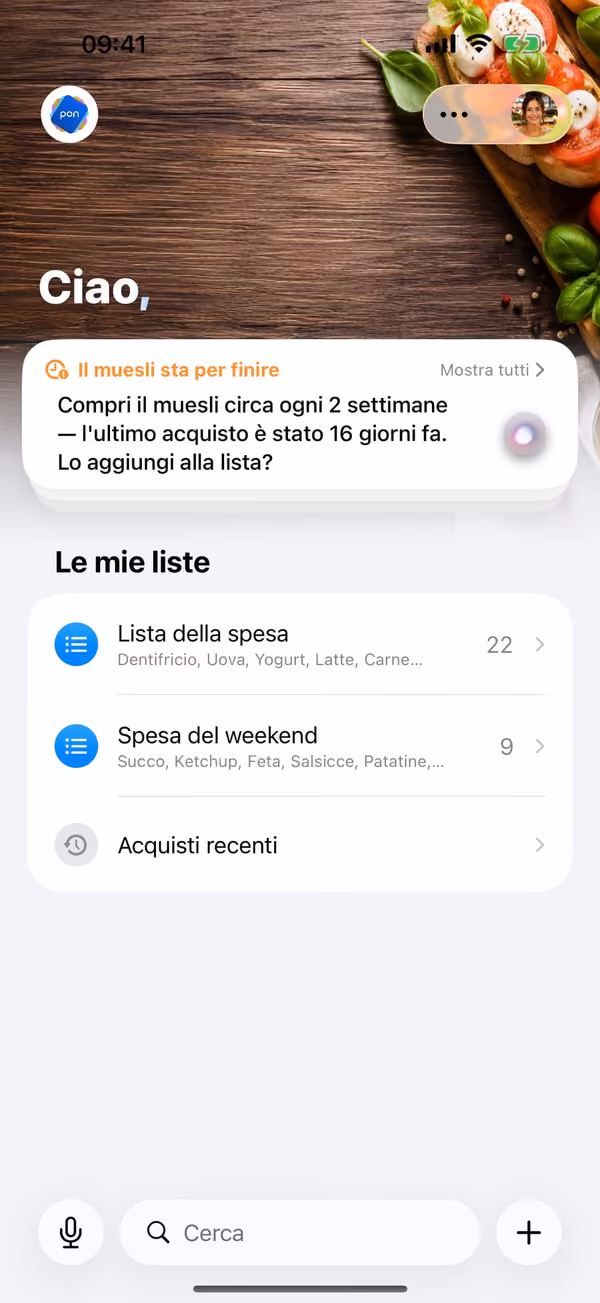 pon: schermata iniziale con liste e un promemoria scorte