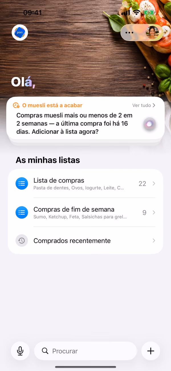 pon: ecrã inicial com listas e um aviso de despensa