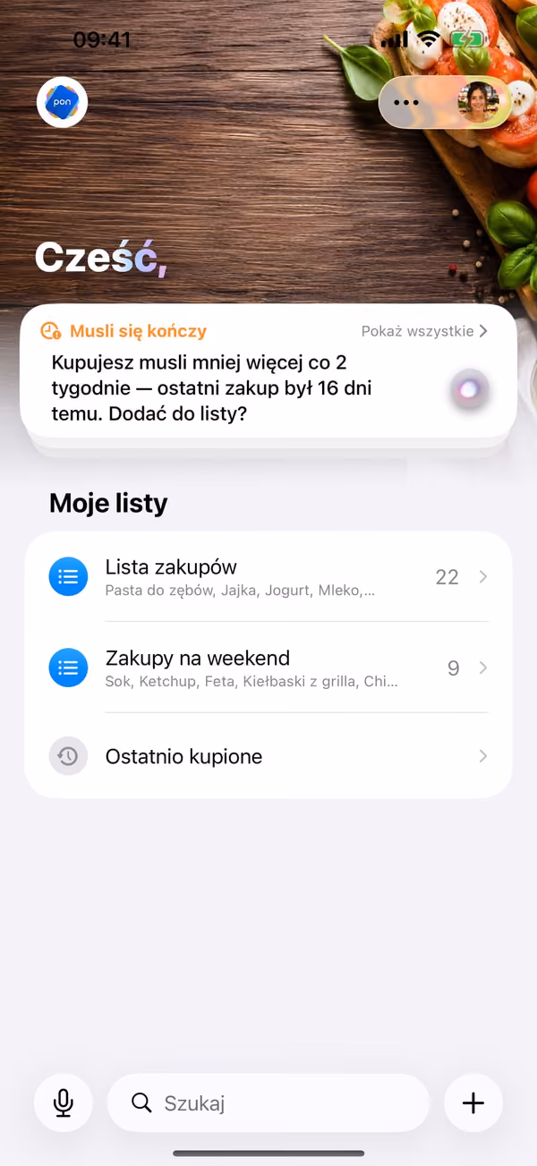 pon: ekran startowy z listami i przypomnieniem o zapasach
